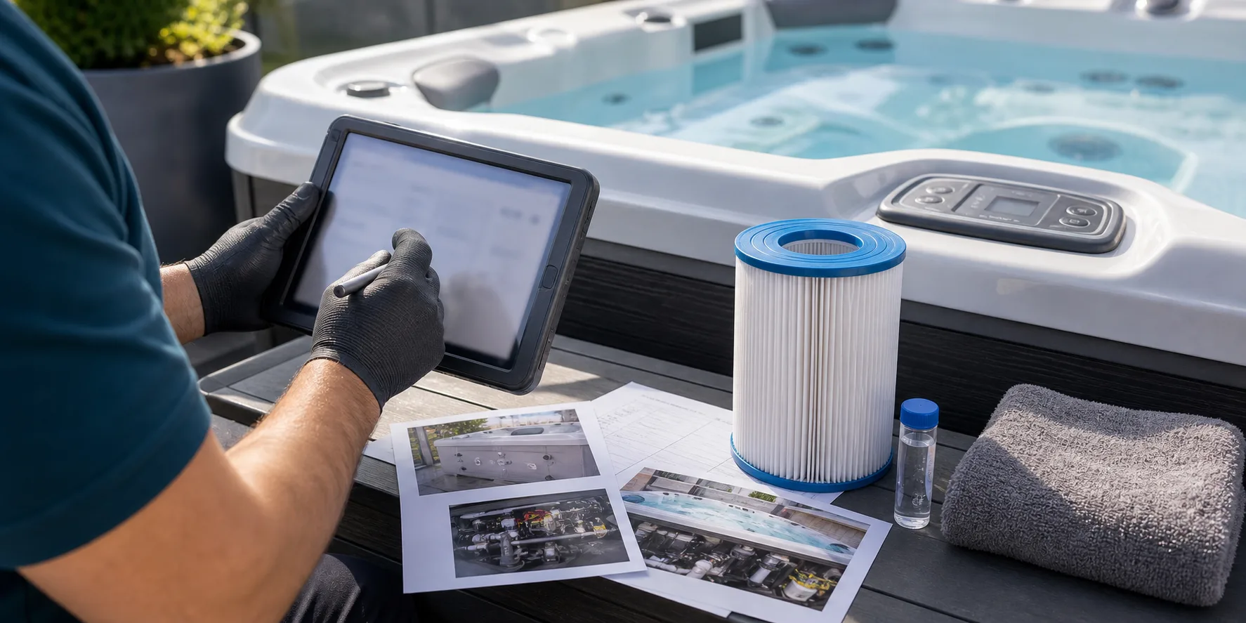 Vorbereitung einer Whirlpool-Service Anfrage mit Fotos, Filter und Wasserprobe