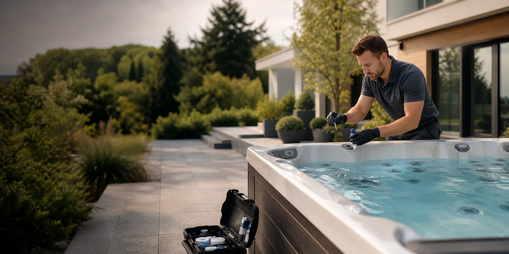 Gepflegter Outdoor-Whirlpool mit klarem Wasser als Symbol für Service und Wartung